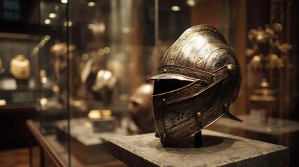 Helmet displayed on museum stand in exhibit hall
