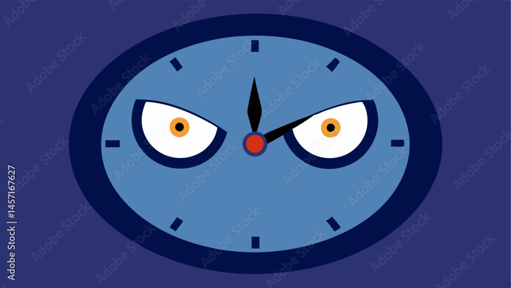 Poster clock with tired eyes a large clock showing late hours with exaggerated eyes drawn on the clock face