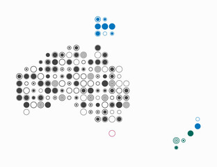 Oceania, shape of the continent build of colored cells. Digital style map of the Oceania on white background. Large size circle blocks. Artistic vector illustration.