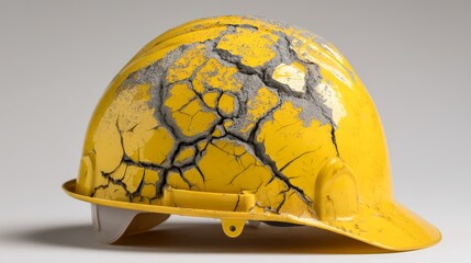 Damaged yellow safety helmet on construction site