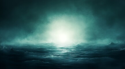 Fototapeta premium Mysterious Dark Ocean Scene with Foggy Atmosphere and Bright Light in the Distance