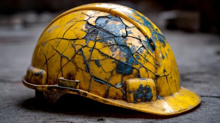 Damaged yellow safety helmet on construction site