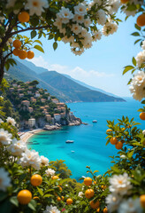 amazing sea shore landscape with blue water and abundome   blossoming  garden.  Ai generated