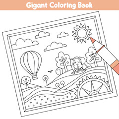 Gigant Coloring Book: Cute Dog in a Landscape Scene with Hot Air Balloon and Sun