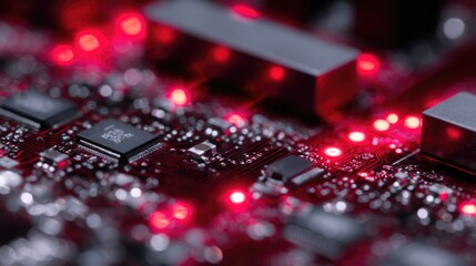 Obraz premium Abstract Close-up of Red Circuit Board with Glowing LEDs, Technology Background