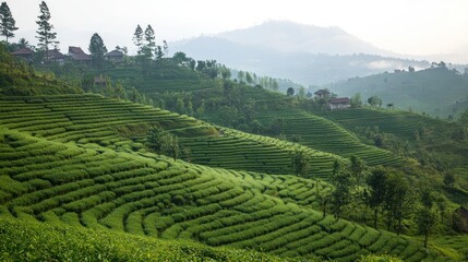 Naklejka premium Lush green tea terraces create scenic landscape over rolling hillsides