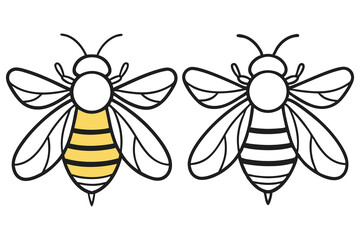 A cute flying honeybee insect is depicted next to its black and white outline
