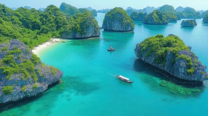 Obraz premium Tropical island bay, aerial view of boats, pristine beach