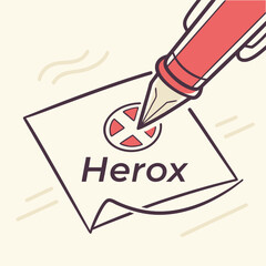 Illustration of a Pen Writing Herox on Paper with a Red and White Color Scheme