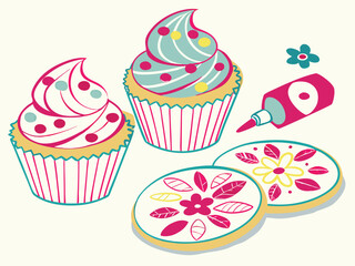Cute Cupcakes and Cookies Illustration: Whimsical Dessert Art with Floral Designs