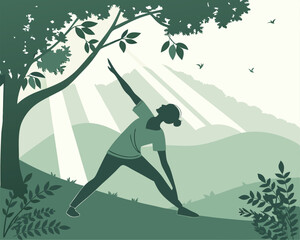 Woman in Yoga Pose Outdoors Under Tree, Green Silhouette Art Illustration