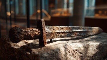 Ancient rusty sword exhibited on museum display stand