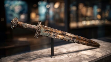 Ancient rusty sword exhibited on museum display stand