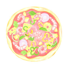 Hand drawn watercolor pizza with cheese shrimps pepper and olives isolated on white background. Can be used for label, card, scrapbook and other printed products.
