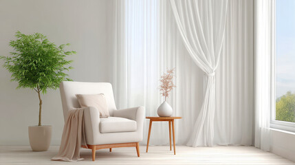 Serene minimalist living room features cozy armchair, small wooden table with decorative vase, and potted plant, all set against sheer white curtains