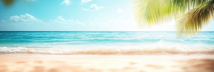 Tropical Beach Paradise with Palm Leaves, Turquoise Ocean, White Sand, and Sunny Skies