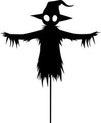A silhouetted figure, possibly a scarecrow, with arms outstretched wearing a pointed hat, adds a spooky touch against a plain backdrop.