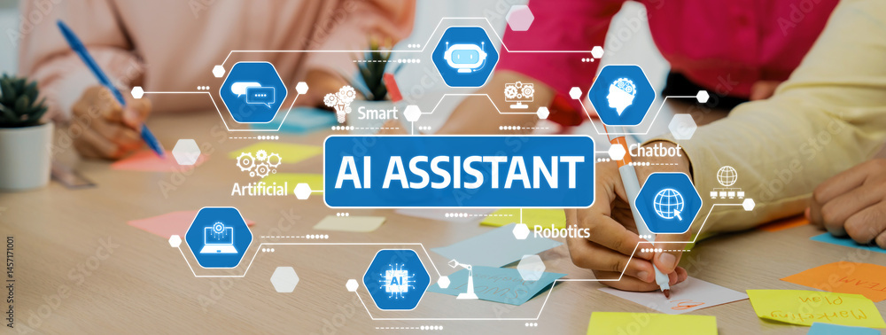 Poster this image captures the essence of ai assistants with users collaborating in a modern workspace, sho