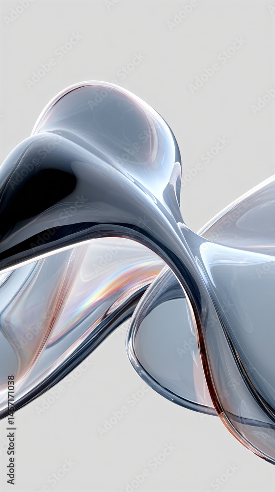 Aufkleber 3d rendering of abstract clear curvy glass shape on a white background with colorful light refractio