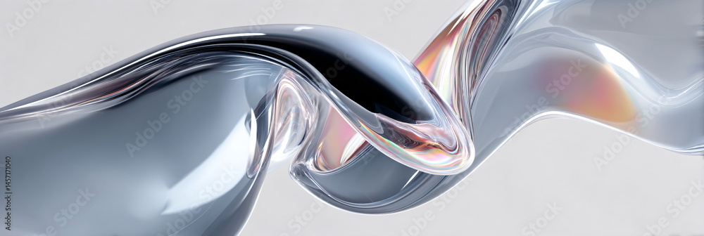 Aufkleber 3d rendering of abstract clear curvy glass shape on a white background with colorful light refractio