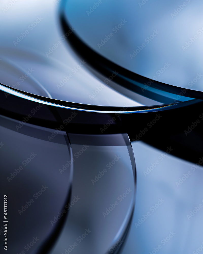 Poster abstract close up of stacked iridescent circular objects or lenses on dark background. futuristic co