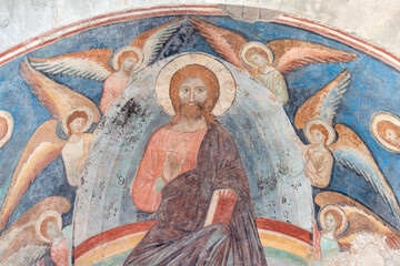 PISTOIA, ITALY - MARCH 16, 2025: The detail of medieval fresco of Jesus Christ the Teacher  in the...