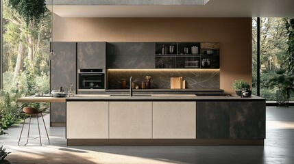 Modern and luxurious kitchen interior with nature view included