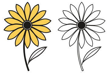Yellow sunflower with black center alongside a similar black line drawing showcases nature's floral elegance