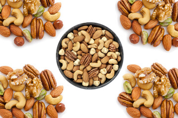 Design image of a group of nuts and dried fruits on a white background