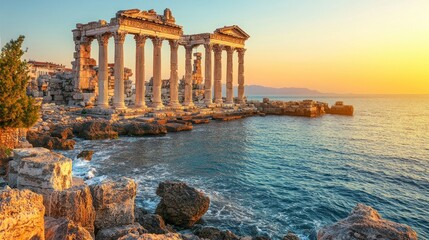 Obraz premium Ancient ruins on a seaside at sunrise. Ruined columns, rocky shore, calm ocean, golden hour