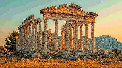 Obraz premium Ancient temple ruins at sunset. Columns and arches stand amidst golden landscape, bathed in warm light