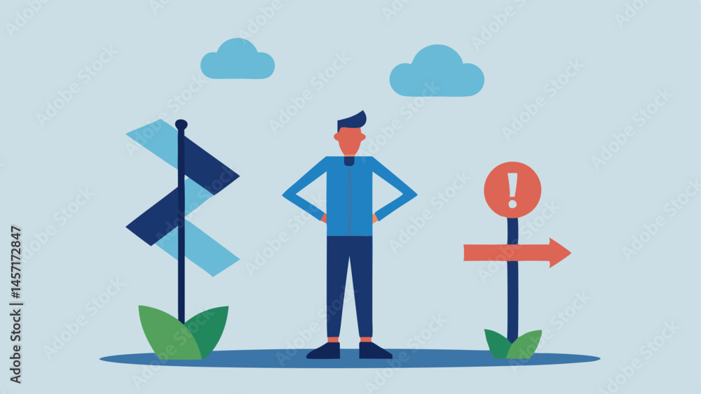 Poster broken compass an activist standing confused and lost at a crossroad with multiple signs pointing in