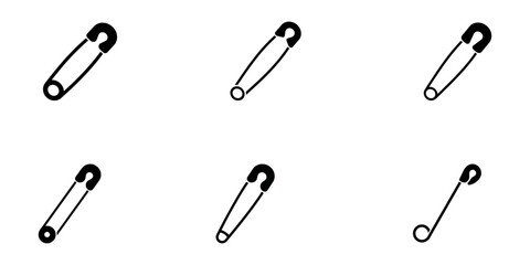 Open and closed pin. Isolated pin on white background. Safety pin, Safety pin black and white flat vector icon set. Safety pin symbol and clip art, Set of safety pin vector on white background. Safety