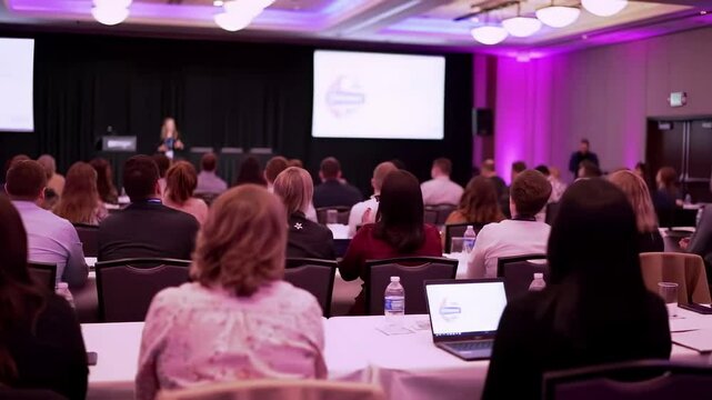 Business conference with audience seated at tables facing presenter on stage. Corporate seminar in ballroom with purple lighting and projection screens. Professional training event with attendees