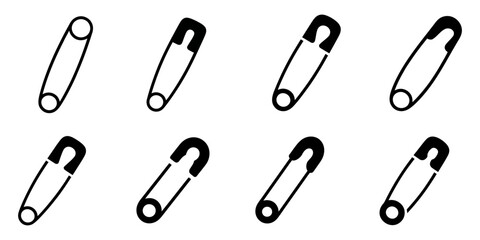 Open and closed pin. Isolated pin on white background. Safety pin, Safety pin black and white flat vector icon set. Safety pin symbol and clip art, Set of safety pin vector on white background. Safety