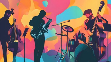 Fototapeta premium Digital illustration depicts a jazz band with silhouettes of musicians against a colorful abstract background.