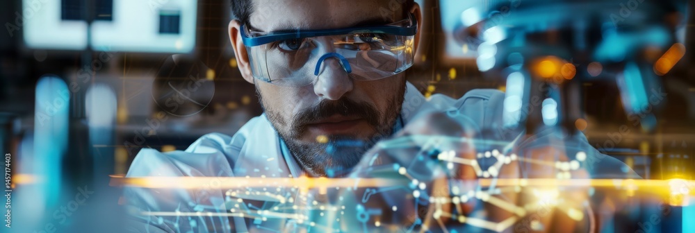 Aufkleber male scientist in safety goggles working with advanced technology in a laboratory. innovation and sc
