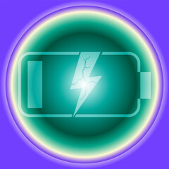 Glowing Teal Charging Battery Graphic, Luminous Energy Symbol with Lightning Bolt, Abstract Power Charging Illustration