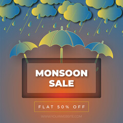 vector illustration of an umbrella on a rainy day, Monsoon Sale Announcement, template design with clouds and umbrella on background