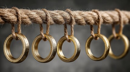 Golden rings hanging on a rustic rope, symbolizing timeless elegance and connection.
