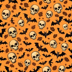 Obraz premium A orange background with skulls and bats are scattered