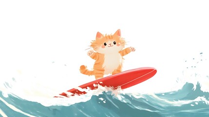 Adorable ginger cat rides a surfboard on playful ocean waves.