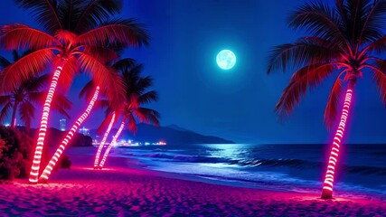 Tropical beach with neon pink illuminated palm trees under bright fullmoon. Vibrant magenta and cyan colors light up sandy shore. Moonlit ocean waves meet coastline. Peaceful night paradise. Exotic - Powered by Adobe