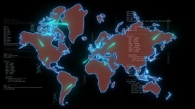 A high-tech digital world map glowing with neon outlines, symbolizing global cybersecurity and data protection. Animation with grid-patterned map overlay