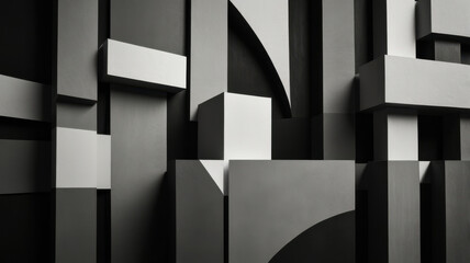Flat abstract geometric figures in monochrome palette, clean negative space, perfect alignment, ultra-simplified forms
