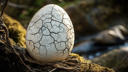 Obraz premium A large cracked egg rests on a bed of moss and branches