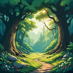  Vibrant Illustrated Landscape with Winding Path and Floral Borders