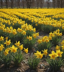 Obraz premium Sunlit field of vibrant yellow daffodils in full bloom , flora, landscape, close-up