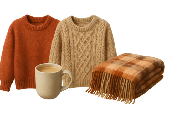 A cozy arrangement featuring an orange sweater, a beige cable-knit sweater, a mug of coffee, and a plaid blanket. Concept Cozy Home Decor, Fall Outfits, Warm Beverages, Textured Fabrics