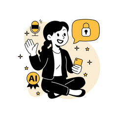 Vector illustration of a woman using a voice-enabled smart AI assistant on her mobile device. Features security lock icon and clean flat cartoon style with tech elements.